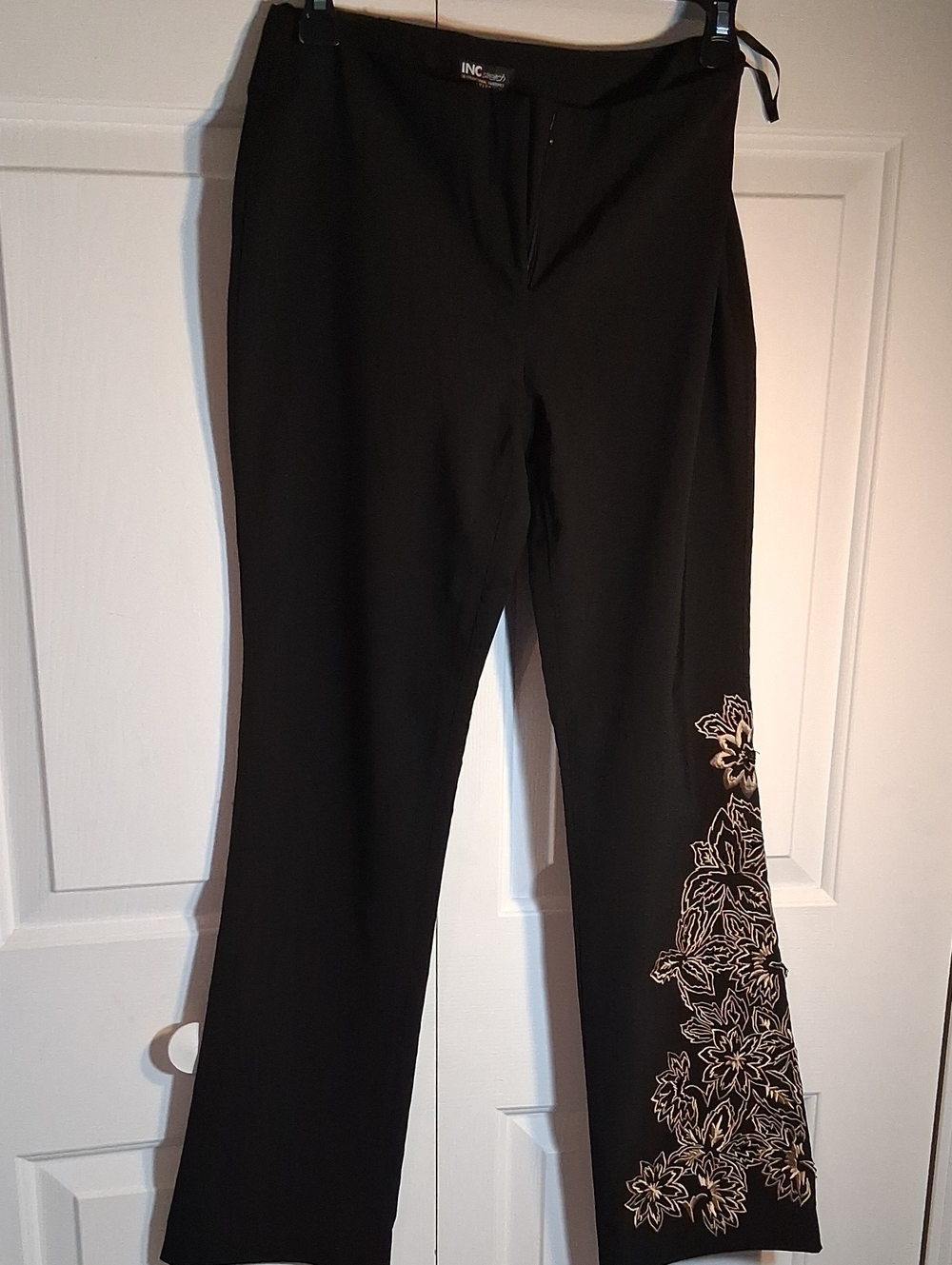 INC International Concepts Black Boot-Cut Pants with Cream Floral Embroidery